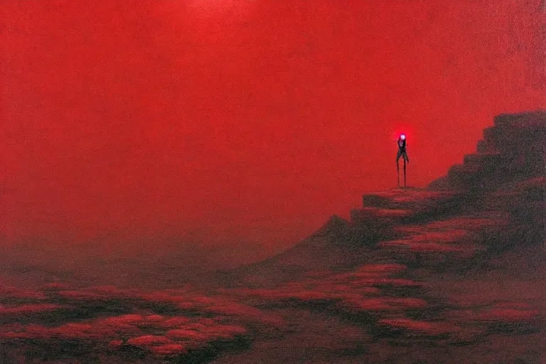 Image similar to only with red, a red shinigami eat apple, a city on mars in background, an ancient path, pathos, in the style of beksinski, part by hopper, part by rodcenko, part by hofbauer, intricate composition, red by caravaggio, insanely quality, highly detailed, masterpiece, red light, artstation