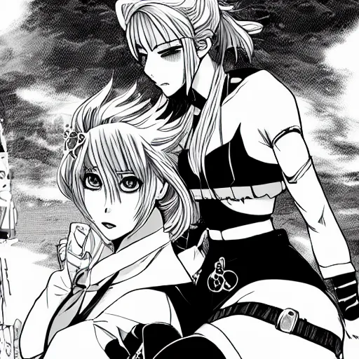 Prompt: two beautiful female rogues facing off, gorgeous manga art