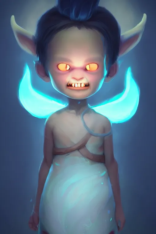 Image similar to super cute Bioluminescent Demon summoner character concept, single head, no double head, soft light, soft mood, realistic body features and face, illustration, painting oil on canvas by Elena Zhurikhina and Goro Fujita and Charlie Bowater, octane render trending on artstation, 4k, 8k, HD