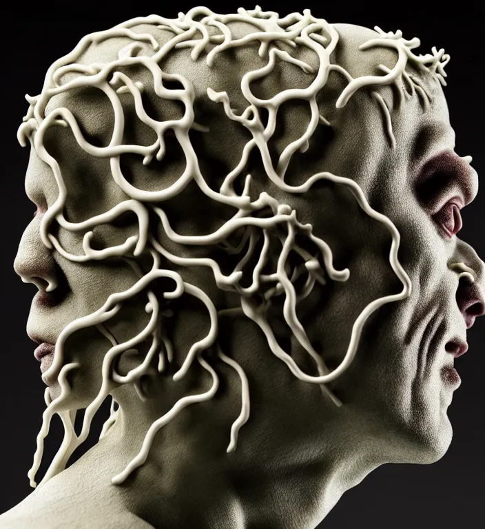 Image similar to Frankenstein , A Close up photo-real delicate ceramic porcelain sculpture of a symmetrical ornate detailed in front of an intricate background by Victo Ngai and takato yamamoto, micro detail, backlit lighting, face in focus, subsurface scattering, translucent, thin porcelain, octane renderer, colorful, physically based rendering, japanese pottery, trending on cgsociety