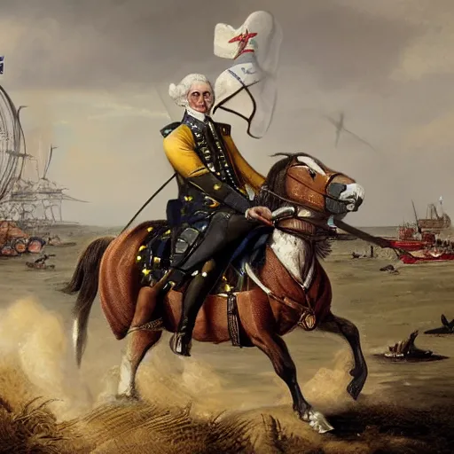 Image similar to George Washington rides a motorcycle to attack the British army in the revolutionary war, epic, cinematic, concept Art, detailed, 4K