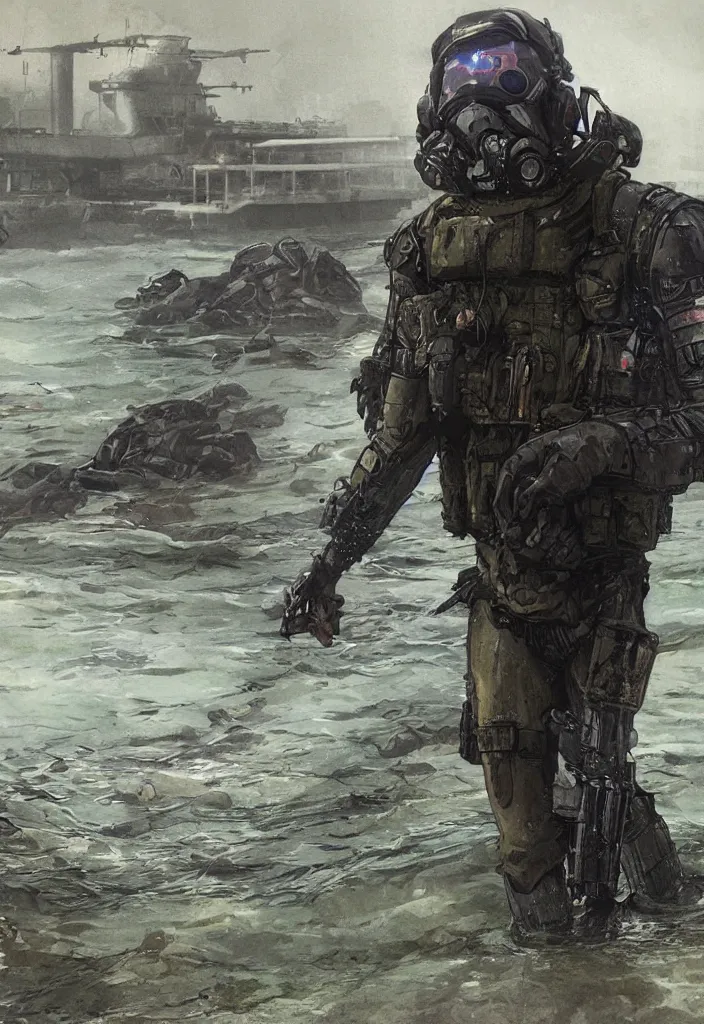 Prompt: Chidi. USN blackops operator emerging from water at the shoreline. Operator wearing Futuristic cyberpunk tactical wetsuit and looking at an abandoned shipyard. Frogtrooper. rb6s, MGS, and splinter cell Concept art by James Gurney, greg rutkowski, and Alphonso Mucha. Vivid color scheme.