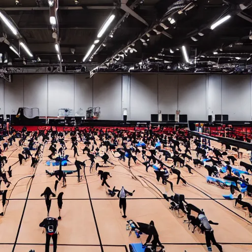 Prompt: a gym full of people preparing themselves for competetive sleeping, sports event, action photography