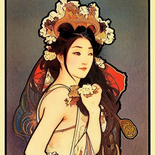 Image similar to beautiful women with oriental faces, character portrait, sharp, art by alphonse maria mucha