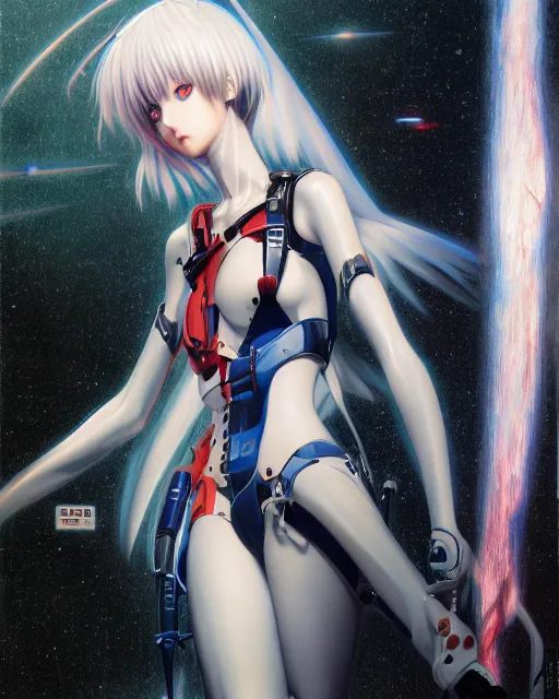 Image similar to rei ayanami by noriyoshi ohrai, hd, hyper detailed, dark, sky, half moon, dark atmosphere, 4 k