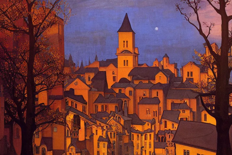 Prompt: view of the old city and its tree-lined winding streets still wet after a storm, tall windows lit up, beautiful ornamental architecture, dramatic cinematic lighting, rich colors, by Nicholas Roerich and and William Dyce and ford madox brown and April Gornik and Sylvain Sarrailh and Ludwig Deutsch, featured on artstation