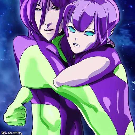 Image similar to thanos hugging his anime girl, extreme detail, epic focus, 4 k, anime style,