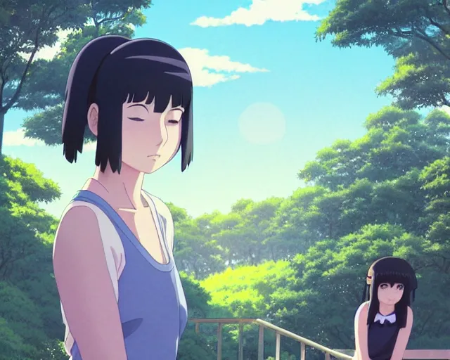 Image similar to hinata hyuga, park in background, bokeh. anime masterpiece by Studio Ghibli. illustration, sharp high-quality anime illustration in style of Ghibli, Ilya Kuvshinov, Artgerm