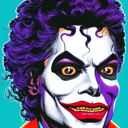 Image similar to dynamic macro head portrait of beautifu michael jackson as the joker in white sequined jacket by john romita sr and cory walker and ryan ottley and jack kirby and barry windsor - smith, comic, illustration, photo real