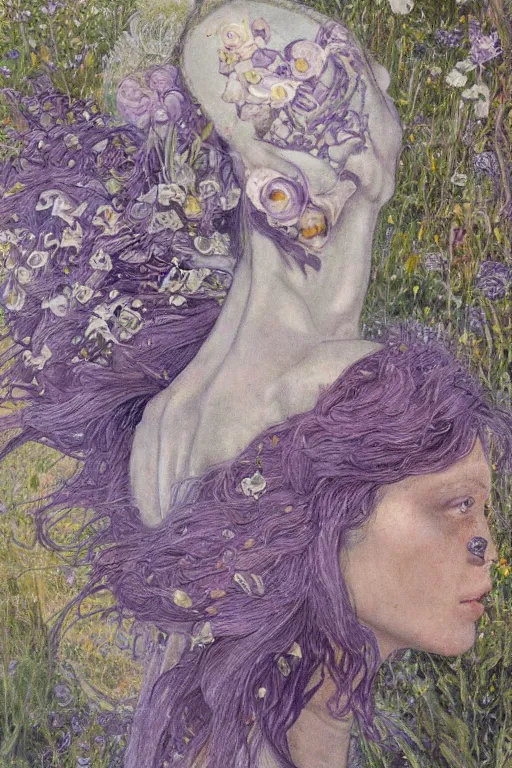 Image similar to portrait of beautiful gothic young mainem, thunderstorm, cyber armor, a lot of scars, more and more flowers, purple head, the middle ages, highly detailed, artstation, illustration, art by jean delville, 8 k quality, art by greg gandy and dragan bibin, gustav klimt