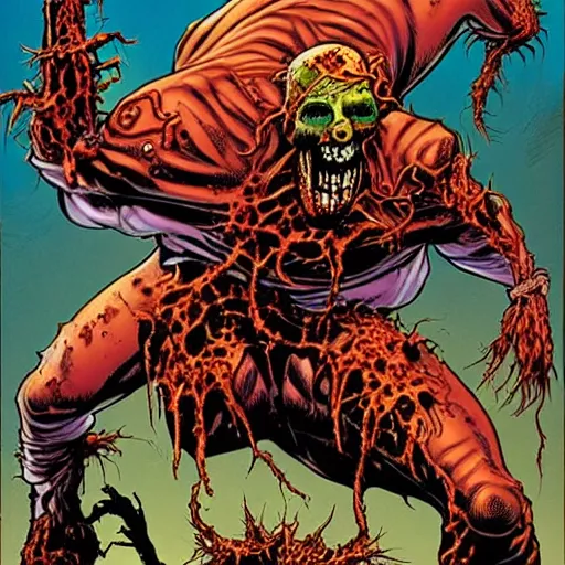 Prompt: a comic book cover of a scary horrifying mutant zombie with worms and spiders coming out of its mouth, in style of dc comics, highly detailed, oil on canvas,