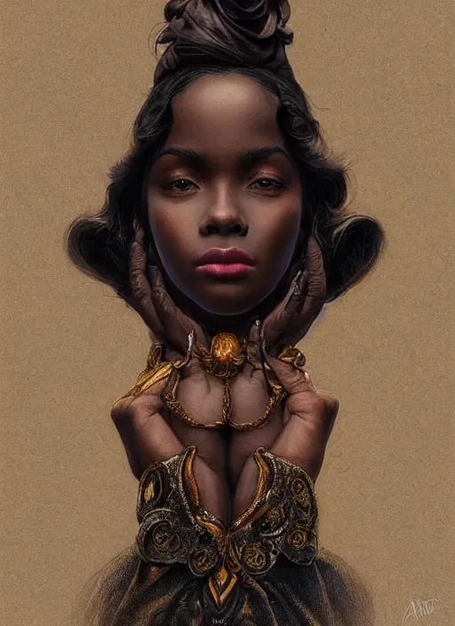 Prompt: portrait of a stunningly beautiful young black woman, highly detailed, 3 5 mm photo, artstation, concept art, sharp focus, 2 8 mm macro photo, art by artgerm and greg rutkowski and alphonse mucha, incredibly beautiful and symmetrical face, incredibly detailed, award winning art, royal
