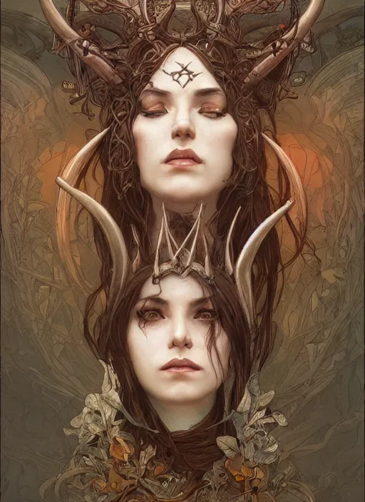 Image similar to a beautiful illustration of a satanic witch with horns in head, intricate, sharp focus, illustration, highly detailed, digital painting, concept art, matte, art by wlop and artgerm and greg rutkowski and alphonse mucha, masterpiece