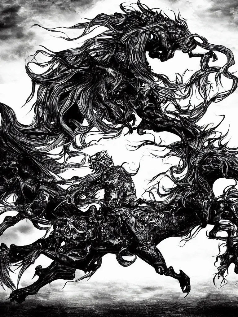 Prompt: black and white detailled illustration of death riding a pale horse over a wasteland in the style of yoshitaka amano