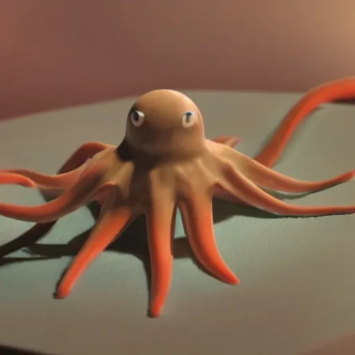 Image similar to claymation animation still of a octopus, beautiful ambient light