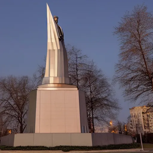 Image similar to soviet monument to donald trump, hyper real, 8 k, dystopian lighting, dusk