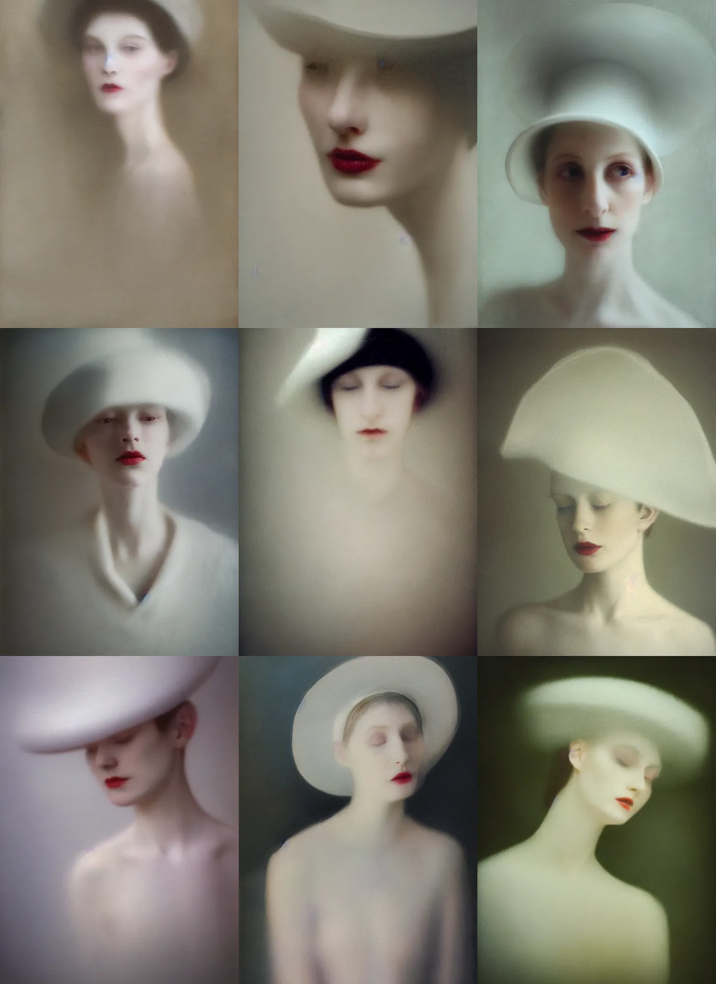 Image similar to out of focus photorealistic portrait of a beautiful pale young woman by sarah moon, very blurry, translucent white skin, closed eyes, foggy, closeup, with a weird hat