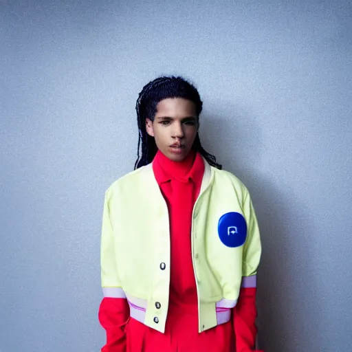 Prompt: realistic photoshooting for a new raf simons lookbook color film photography portrait of a beautiful woman model wearing a workwear jacket, photo in style of tyler mitchell