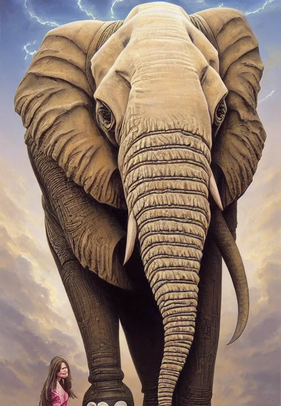 Prompt: perfectly centered portrait, front view of a beautiful biomechanical android alien robot elephant, female, flowing hair, intense stare, sarcastic smile, symmetrical, concept art, intricate detail, volumetric shadows and lighting, realistic oil painting by tim hildebrandt,