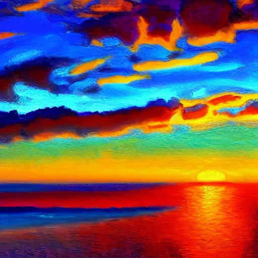 Image similar to impressionist painting of a sunrise over the atlantic ocean, east highly textured, hd, 8k