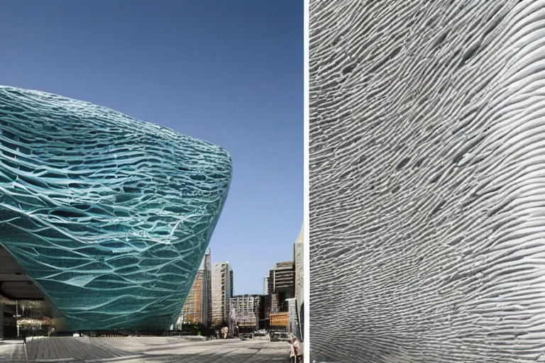 Prompt: Futuristic Facades with biomimicry carvings