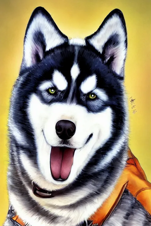 Image similar to a portrait painting of a husky in cowboy costume, character design, anime, furry