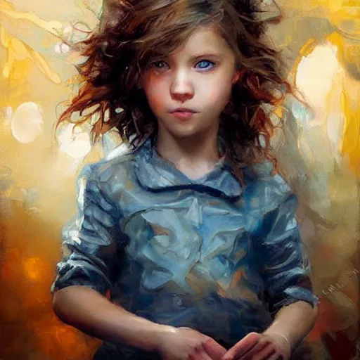 Prompt: a little girl with short curly light brown hair and blue eyes sitting in a nutshell. beautiful painting by raymond swanland, beautiful detailed face.