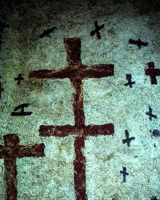 Image similar to cave painting, ultra hd, depiction of crosses and ufo, very detailed to photography
