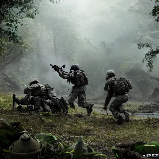 Prompt: Mercenary Special Forces soldiers in light grey uniforms with black armored vest and helmet defending a crashed helicopter in the jungles of Tanoa, combat photography by Feng Zhu, highly detailed, excellent composition, cinematic concept art, dramatic lighting, trending on ArtStation