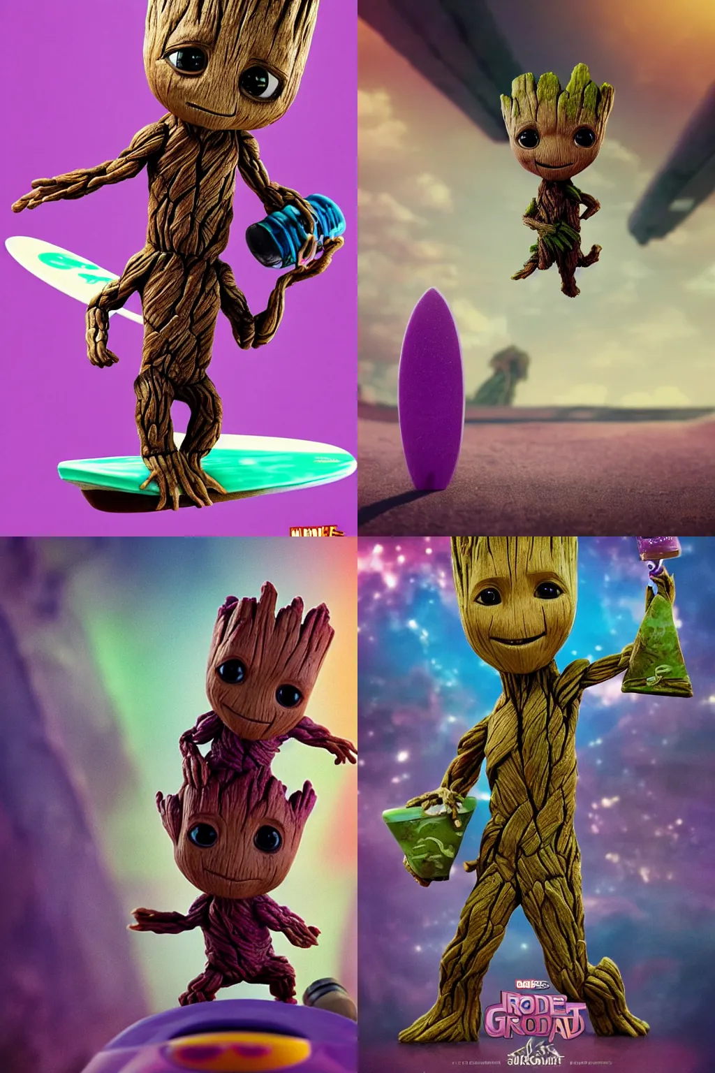 Prompt: little Groot is riding a bar of purple soap like surfboard, cinematic angle, poster style