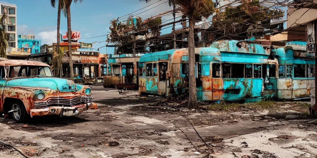 Image similar to low wide angle shot of dilapidated fallout 5 miami, tropical coastal city, desolate, dilapidated neon signs, few rusted retro futuristic vintage parked vehicles like cars, buses, trucks, trams, sunny weather, few clouds, volumetric lighting, photorealistic, daytime, spring, sharp focus, ultra detailed, 4 0 0 0 k