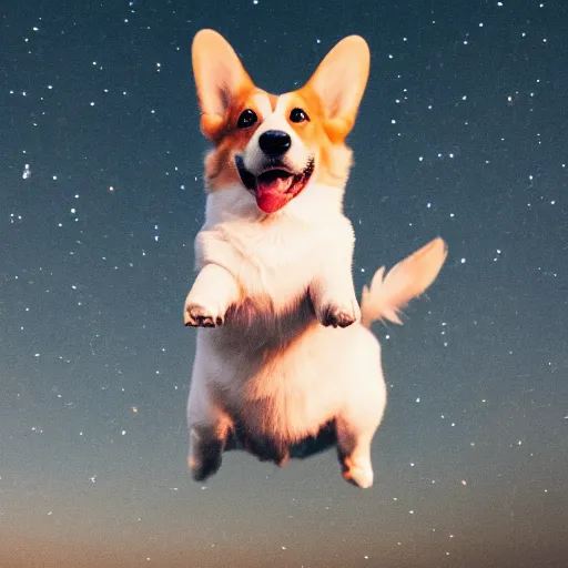 Prompt: corgi attaining [ angelic wings ]!!, [ flying like a superhero ]!! in the [ night sky ]!! where the stars are visibly perceptible, [ realistic photo ]!!, [ 4 k photorealism ]!!, trending on unsplash