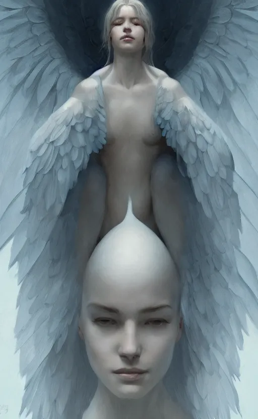 Prompt: female angel, sitting, soft grey and blue natural light, intricate, digital painting, artstation, concept art, smooth, sharp focus, illustration, art by greg rutkowski and luis rollo and uang guangjian and gil elvgren, symmetry!