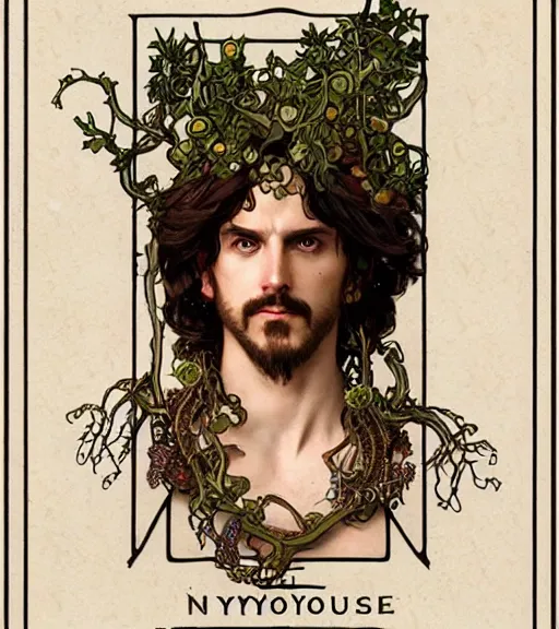 Image similar to a tarot card portrait of dionysus, realistic, 8 k, by greg rutkowski, artgerm, alphonse mucha, ornate, vines as jewelry, symmetry, sharp focus