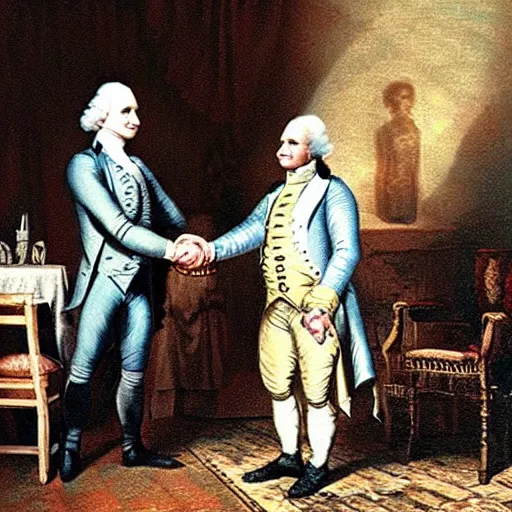 Prompt: short scary alien shaking hands with george washington in an 1800s photograph