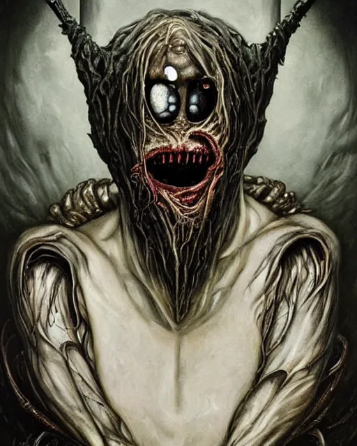 Image similar to Dark fantasy Painting of a hulking muscular EXTRATERRESTRIAL flesh creature with big bulging eyes, white milky eyeballs, skin covered in boils with fish eyes with drool dripping from its mouth, hr giger muscles, straw-like beard growing from face, disgusting, creepy, unsettling, horror, upper body, intricate, wild, highly detailed, digital painting, artstation, concept art, smooth, sharp focus, illustration, art by artgerm and greg rutkowski and alphonse mucha