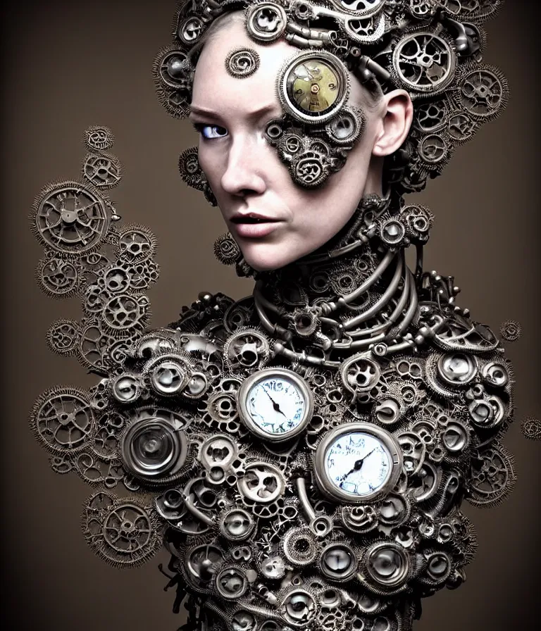 Image similar to highly detailed photo portrait of complex bio-mechanical beautiful young female stone cyborg with a Mandelbrot fractal steampunk metal fine lace face, retrofuturistic depressing hopeless horrific vibe, radiating dark energy aura, curled silver hair and a fine metal floral foliage super big lace collar by Alexander McQueen:: high fashion, haute couture, rococo, steampunk, silver filigree details, anatomical, facial muscles, cable wires, microchip, elegant, hyper realistic, 150 mm lens, soft rim light, octane render, unreal engine, volumetric lighting, 8k, muted reflective metallic coloring, sharp focus