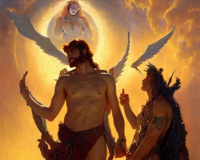 Image similar to attractive pagan male deity, summoning handsome lucifer morning star. highly detailed painting by gaston bussiere, craig mullins, j. c. leyendecker 8 k