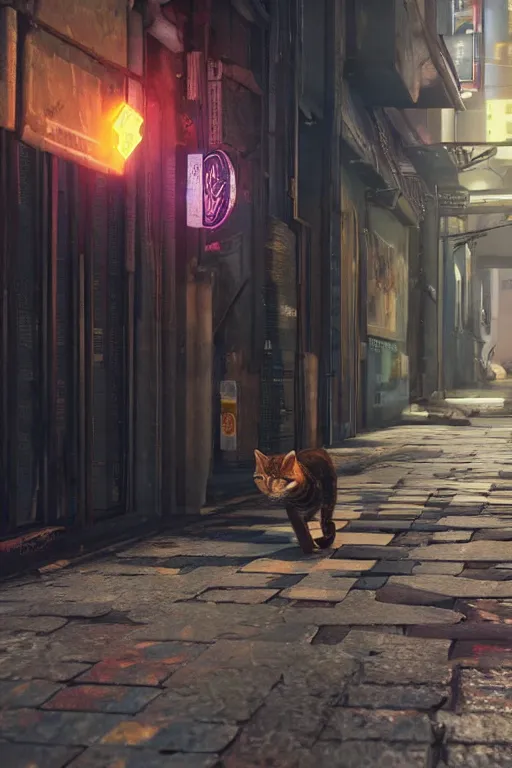 Prompt: stray cat walking through the alleys of a cyberpunk city, realistic, cinematic, ambient, unreal engine