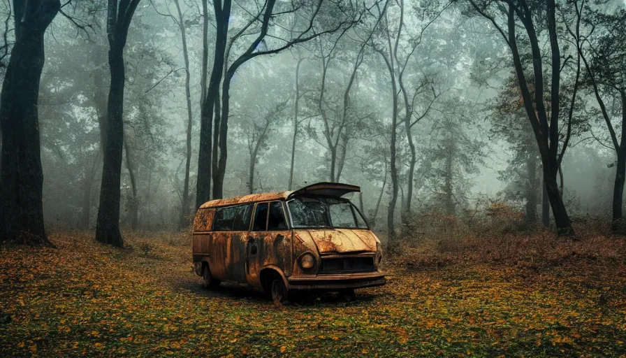 Image similar to a Old rusty van left in a foggy scary forest with leaves falling out of trees, 4k photography award winning,