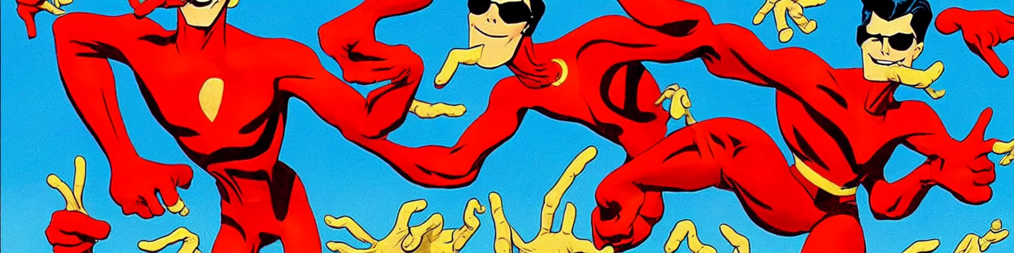 Image similar to plasticman showing off his weird limbs illustrated by todd mcfarlane with very long hands and arms and fingers and legs and feet twirling and twisting around on a very sunny day in another dimension, funny, silly