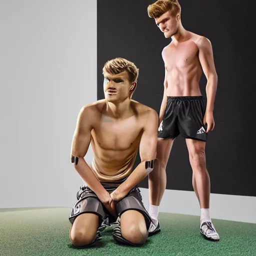 Image similar to a realistic detailed photo of a guy who is an attractive humanoid who is half robot and half humanoid, who is a male android, soccer players martin ødegaard & timo werner, shiny skin, posing like a statue, blank stare, in a living room, on display, showing off his muscles, gold soccer shorts, side view