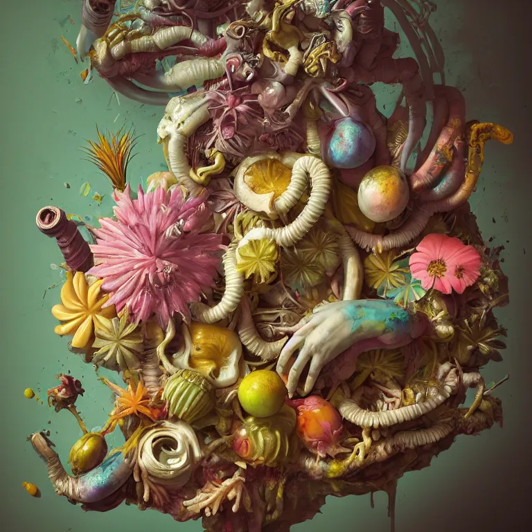 Prompt: still life of surreal alien pastel tropical flowers, rotten moldy colorful mold, dripping pastel paint, surreal alien ribbed tropical fruit, white human spine, baroque painting, beautiful detailed intricate insanely detailed octane render, 8K artistic photography, photorealistic, chiaroscuro, Raphael, Caravaggio