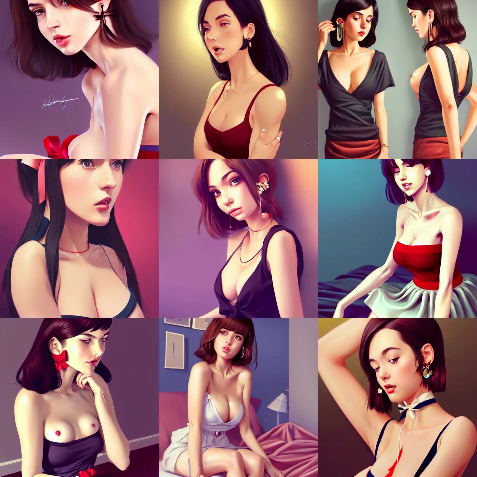 Prompt: sexy girl in a low cut blouse and short skirt, seductively posing, shoulder-length hair, ribbon in her hair, earrings, sitting on a bed. highly detailed, digital painting, in the style of artgerm and ilya kuvshinov, high definition digital art, intricate!!!!!!!