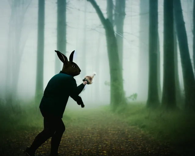 Image similar to a lomography photo of rumble between two human with rabbit head in foggy forest this morning, bokeh,