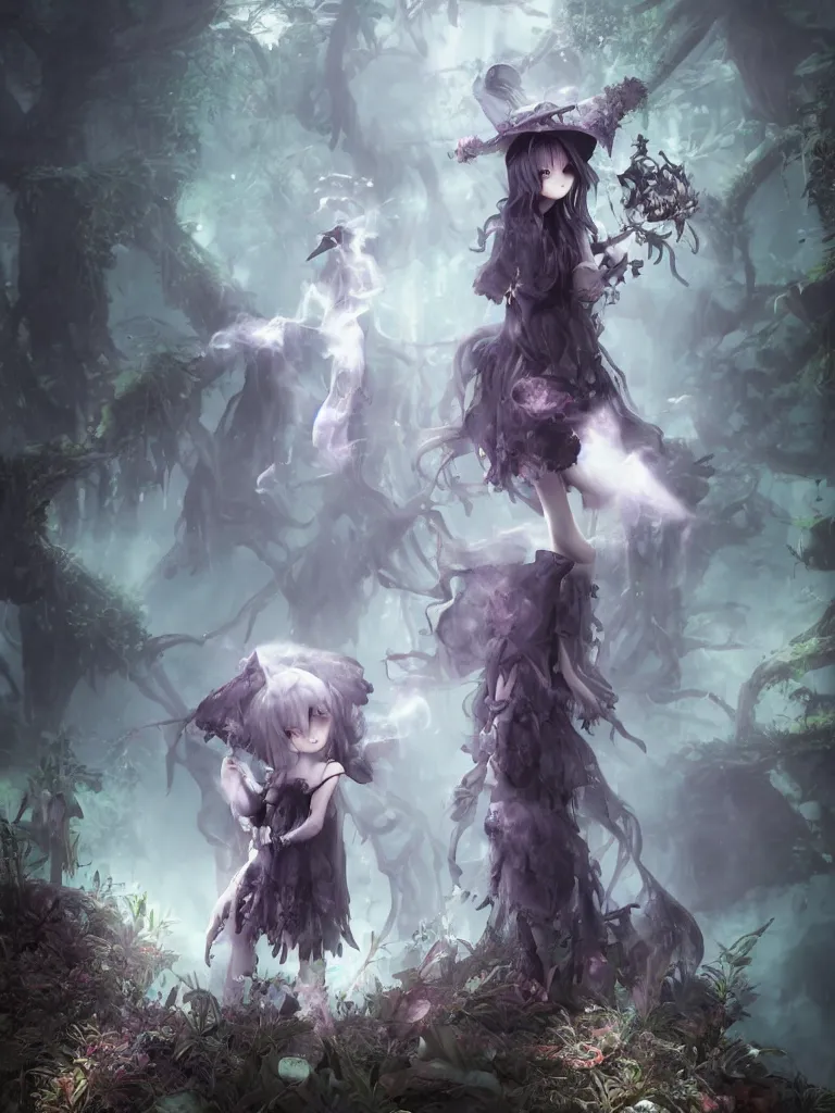 Prompt: cute fumo plush of a frail cursed witch girl wandering the depths of the forbidden jungle, gothic wraith maiden, wispy smoke and volumetric fog, beyond the mirror, asymmetric beauty, vignette, vray