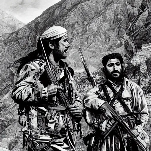 Image similar to kurdish freedom fighters in the mountains art by martin ansin, highly detailed, 8 k, high resolution, award winning art, incredibly intricate