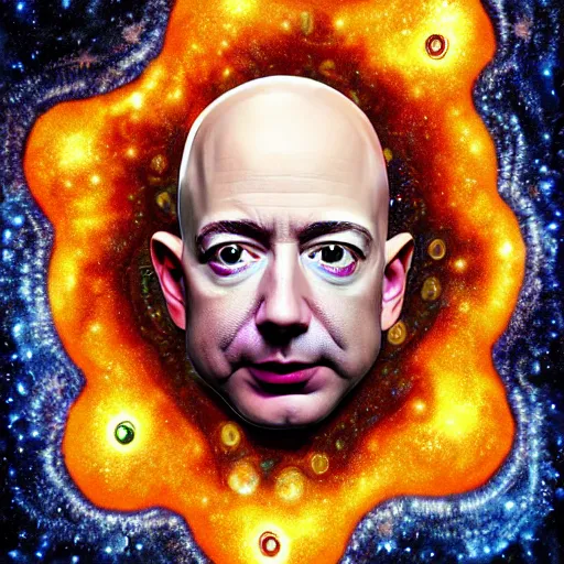 Image similar to Jeff Bezos as a terrifying cosmic horror with tentacles and soulless eyes with a cosmic background. Epic digital art