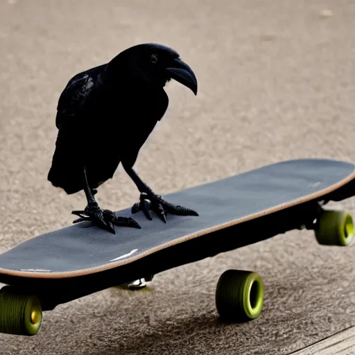 Image similar to a photo of a crow riding a skateboard