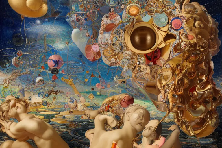 Prompt: start of the universe by james jean and salvador dali and shusei nagaoka, oil on canvas, exquisitely intricate details, surrealism, neoclassicism, renaissance, hyper realistic, ultra detailed, cell shaded, 8 k